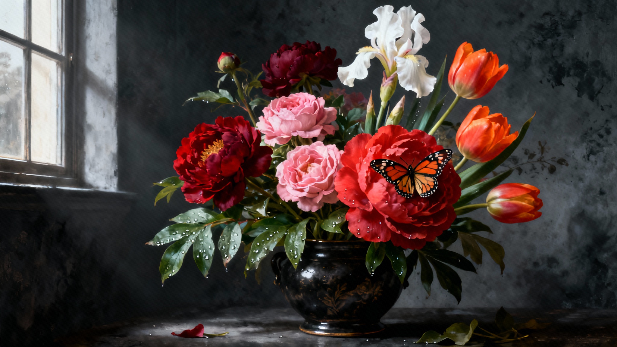 A dramatic, hyper-realistic digital painting in the style of a Dutch masters still life, featuring a lush bouquet of peonies, roses, and tulips in an ornate vase against a dark background.
