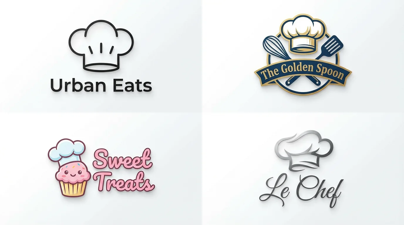 A collection of four professionally designed chef hat logos for restaurants and bakeries, displayed on a clean white background, showcasing styles from modern minimalist to classic and elegant.