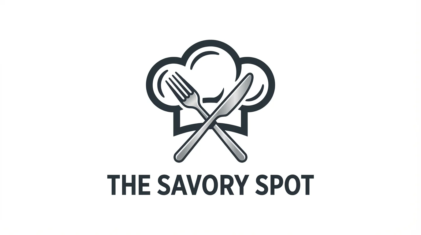 A professional mockup of a minimalist chef hat logo. The logo features a charcoal gray chef's hat with a crossed fork and knife behind it. The text 'The Savory Spot' is written underneath, all on a plain white background.