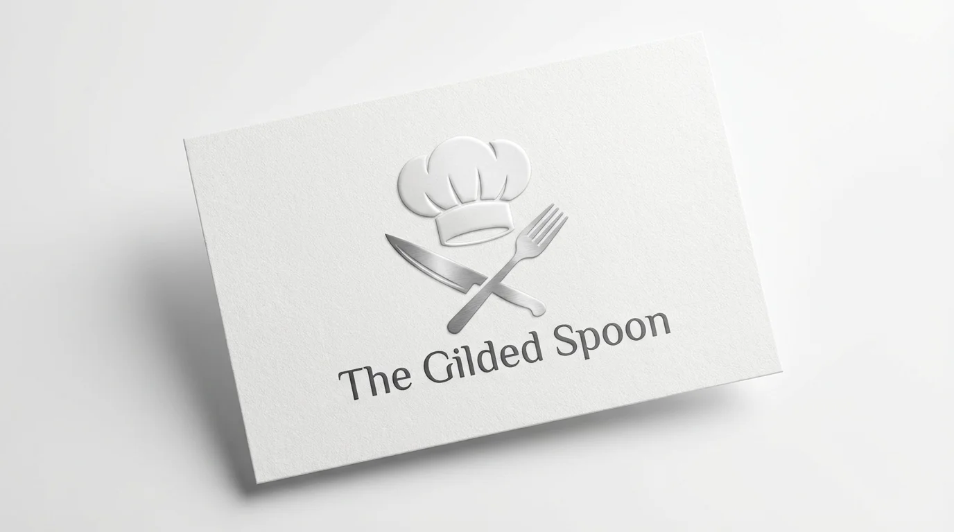 A modern and professional logo mockup featuring a white chef's hat and crossed utensils, with the text 'The Gilded Spoon', on a clean white background.