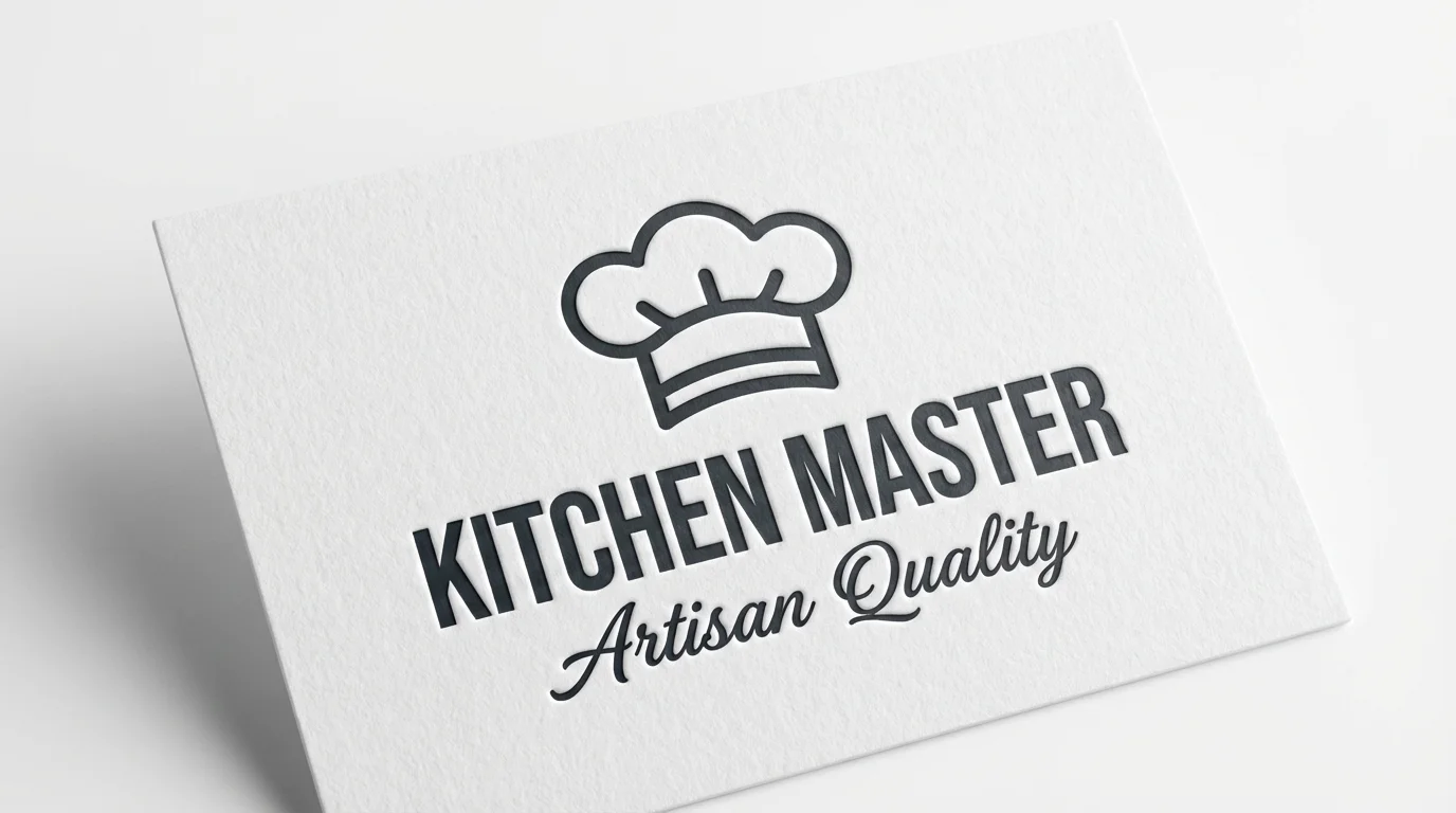 A minimalist charcoal gray chef hat logo for a brand called 'KITCHEN MASTER', professionally embossed on a piece of thick white paper against a clean white background.
