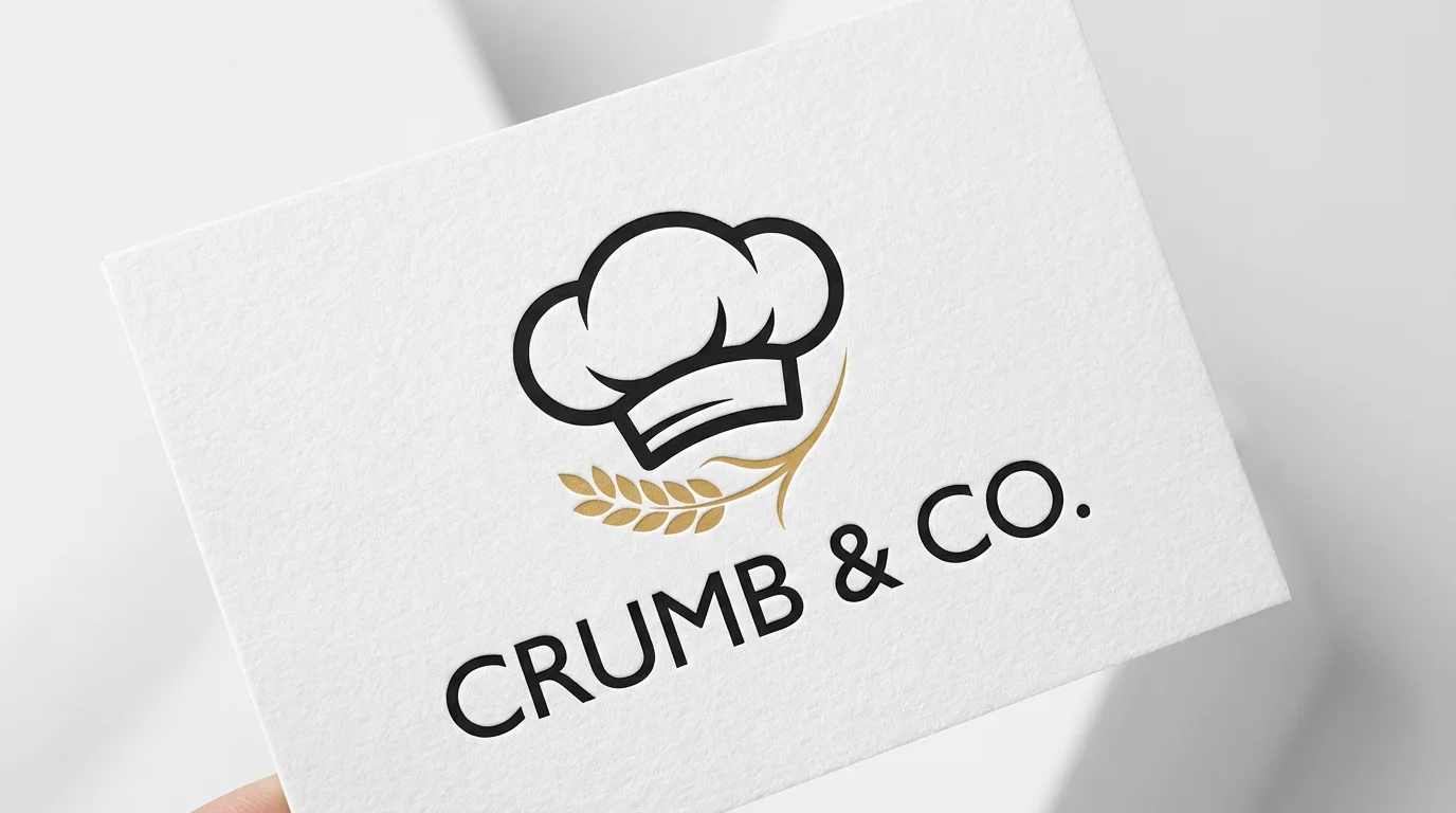 A professional mockup of a modern chef hat logo on a white background. The logo is black with a golden wheat stalk detail, and the fictional company name 'CRUMB & CO.' is written underneath.