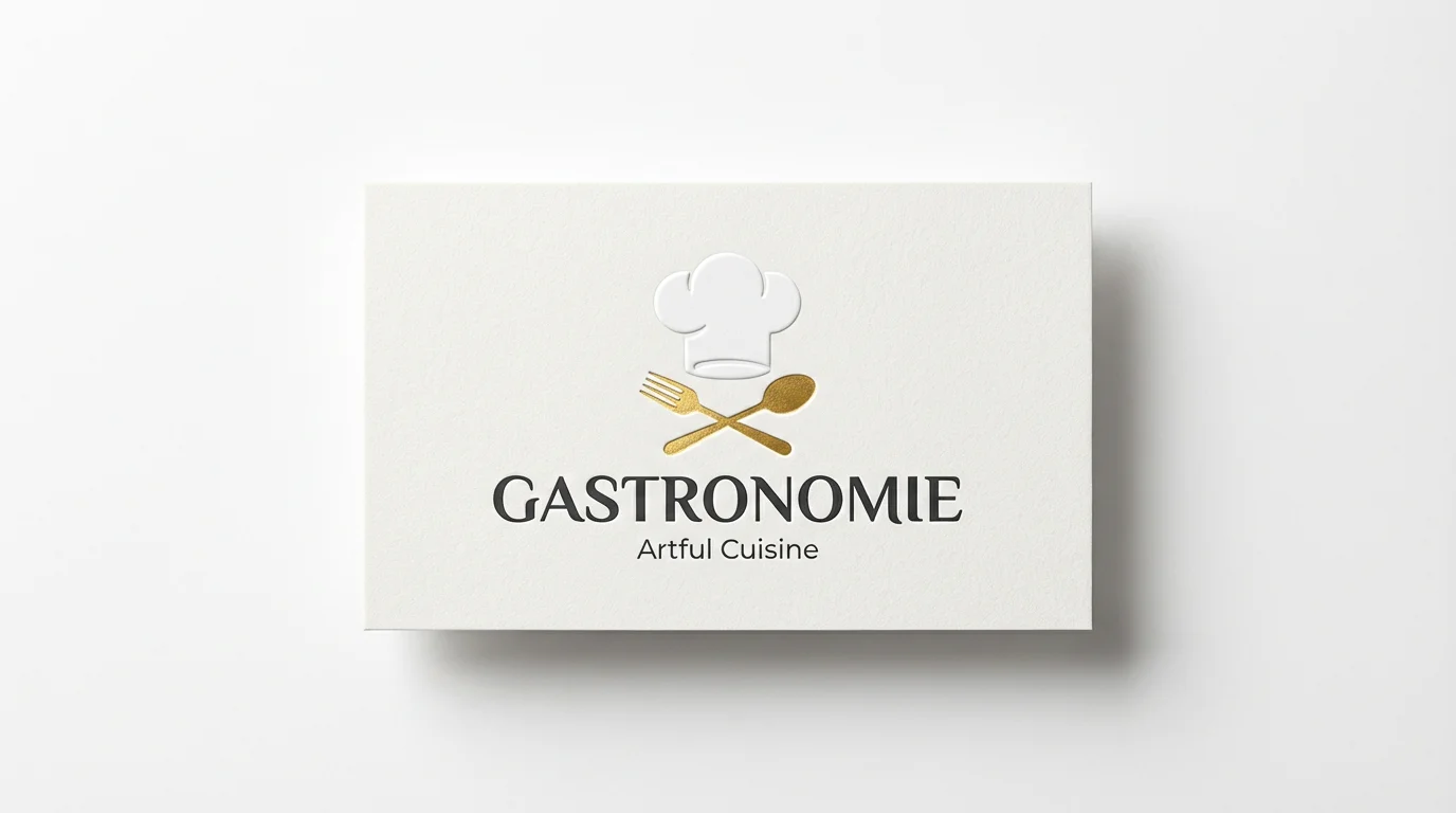 A modern logo mockup featuring a white chef's hat with a golden fork and spoon, for a fictional restaurant named 'GASTRONOMIE', presented on a business card against a clean white background.