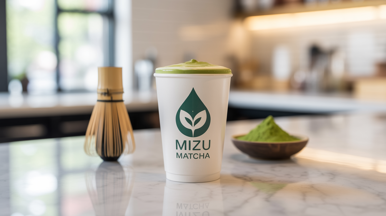 A professionally designed logo for 'Mizu Matcha' shown on a white cup filled with a matcha latte, placed in a modern cafe setting.