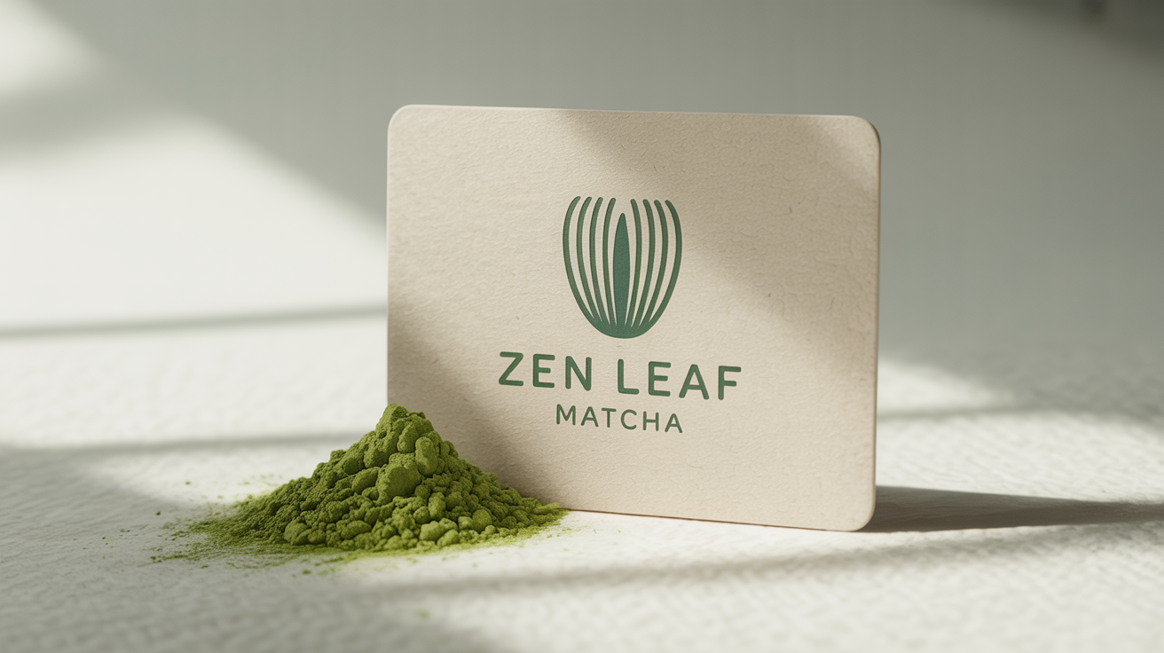 A minimalist mockup of a 'Zen Leaf Matcha' logo, featuring a green whisk icon on an off-white card, set against a clean white background with a sprinkle of matcha powder.