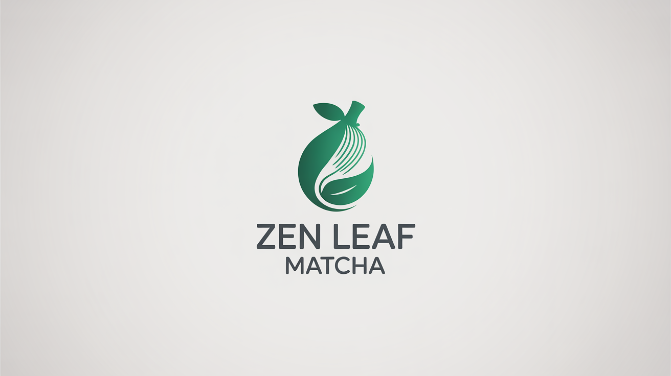 A minimalist logo for a matcha brand named 'Zen Leaf Matcha' on a white background. The logo icon is a stylized green matcha whisk combined with a tea leaf.