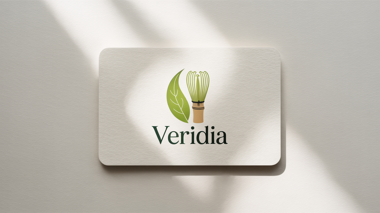 A minimalist logo for a matcha brand named 'Veridia', featuring a tea leaf and whisk, mocked up on a professional business card against a white background.