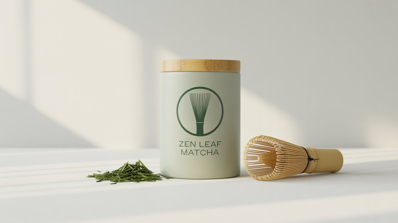 A product mockup for a matcha brand, showing a minimalist logo with the text 'Zen Leaf Matcha' on a white tin, placed next to a bamboo scoop on a white background.