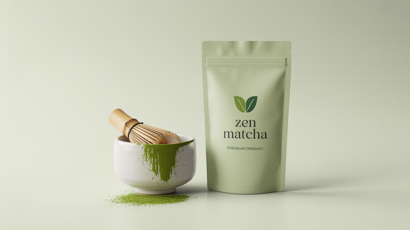 A product mockup for a matcha brand named 'Zen Matcha', showing a white pouch with the logo next to a ceramic bowl and bamboo whisk on a clean white background.
