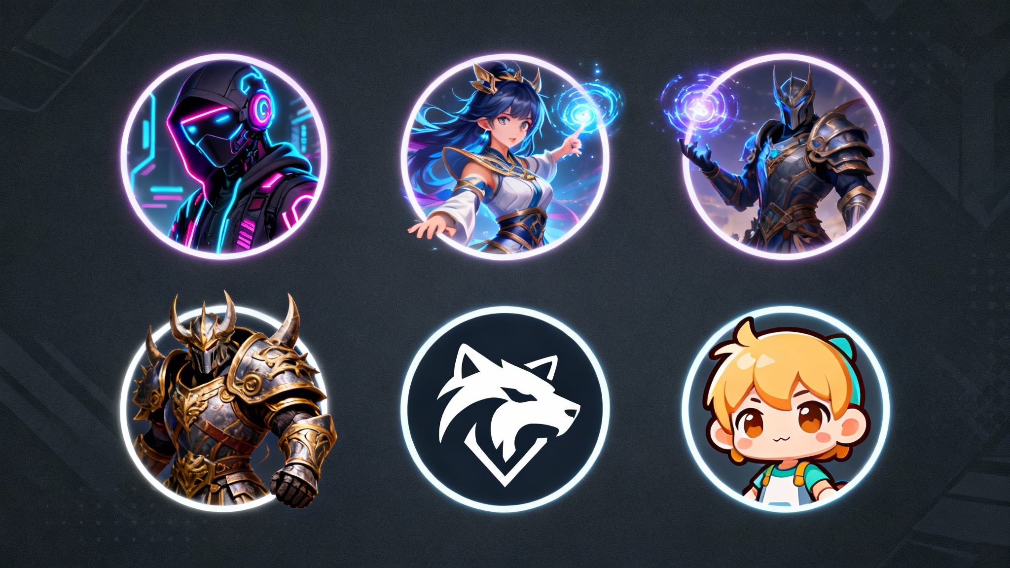 A hero image displaying a collage of diverse, professionally designed gamerpics, including styles like cyberpunk, anime, and fantasy, demonstrating the final output of a gamerpic creator.