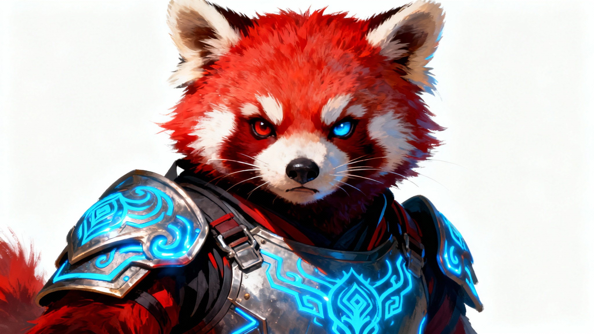 A digital art gamerpic of a fierce red panda warrior in stylized fantasy armor with glowing blue details, set against a clean white background.