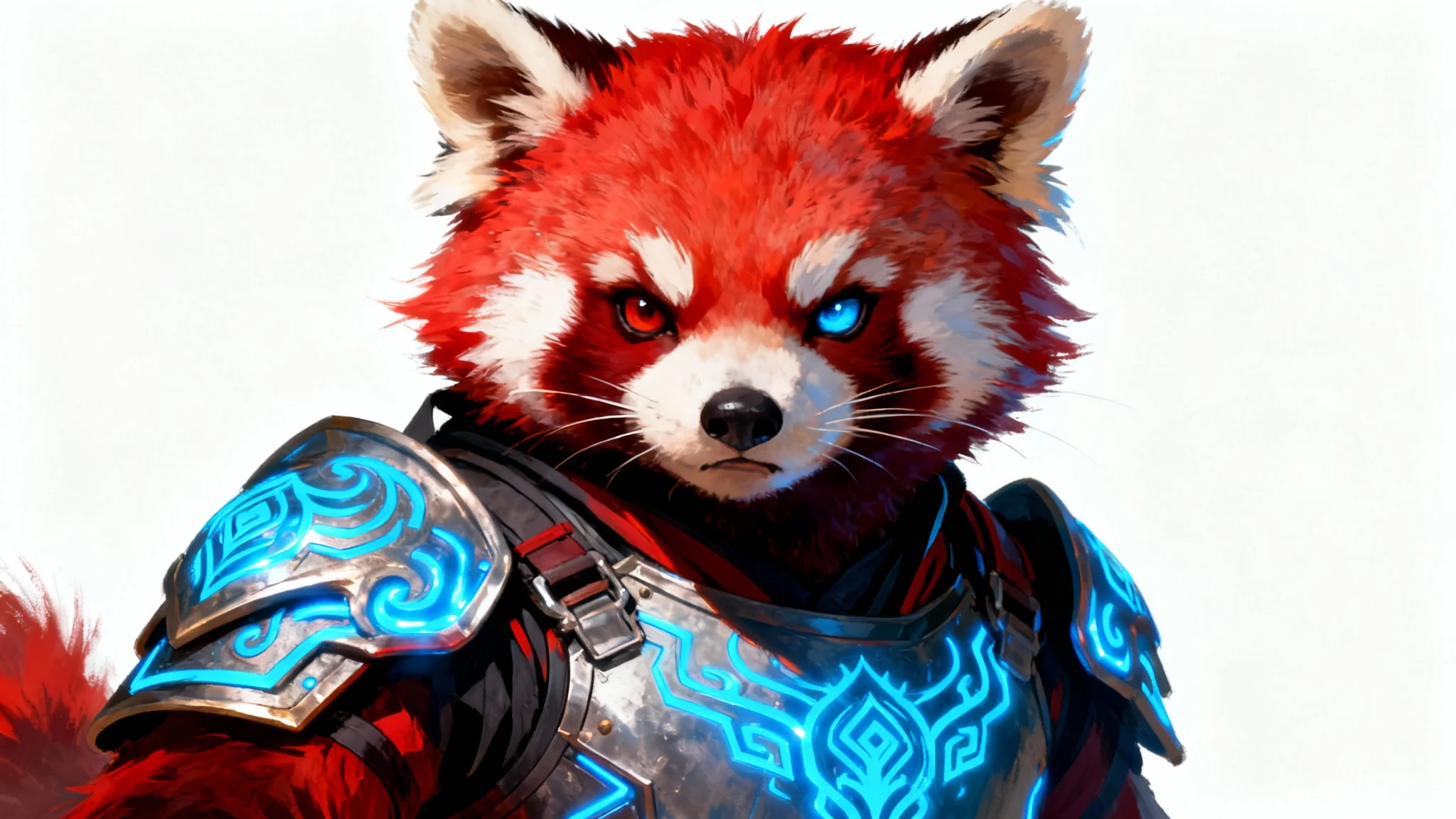 A digital art gamerpic of a fierce red panda warrior in stylized fantasy armor with glowing blue details, set against a clean white background.