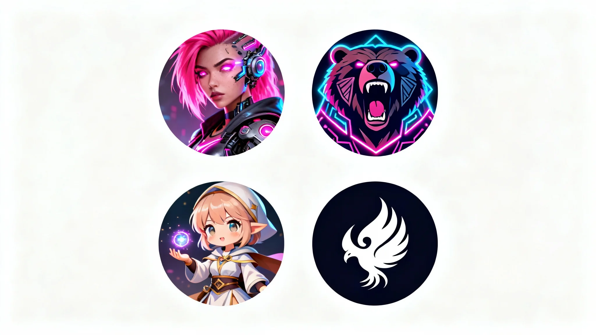 A grid of four sample gamerpics: a cyberpunk assassin, a neon grizzly bear, an anime mage, and an abstract phoenix, all displayed on a white background.