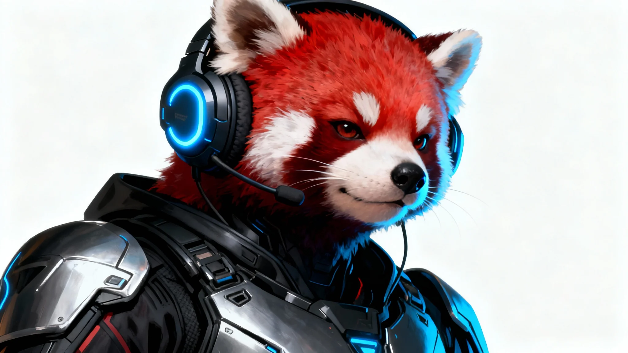 A digital art portrait of an anthropomorphic red panda warrior wearing futuristic headphones and armor, designed as a cool gamerpic, set against a plain white background.