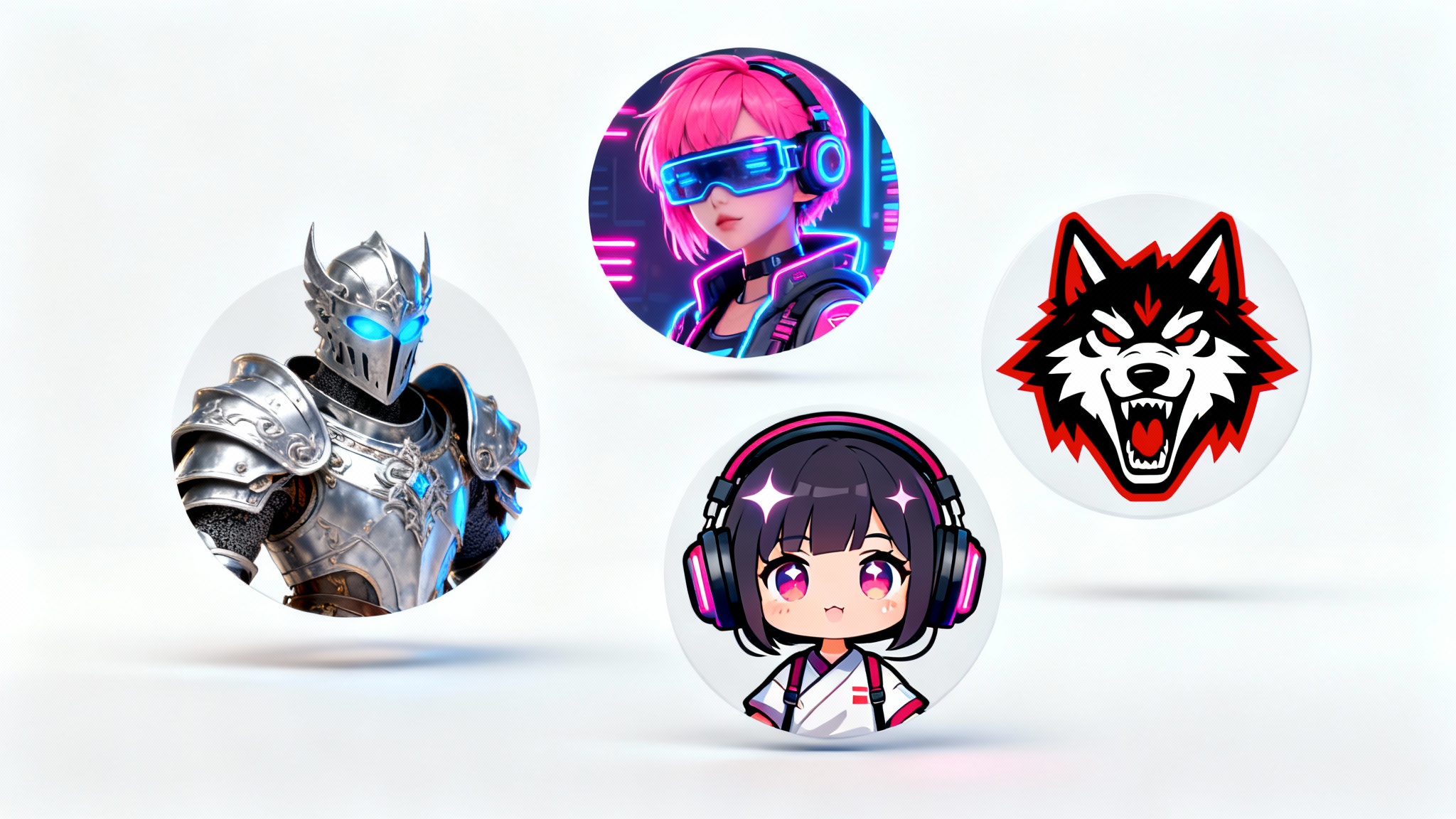 A collection of four distinct gamerpic examples on a white background, showcasing different styles: a fantasy knight, a cyberpunk character, a cute anime chibi, and a graphic wolf mascot.