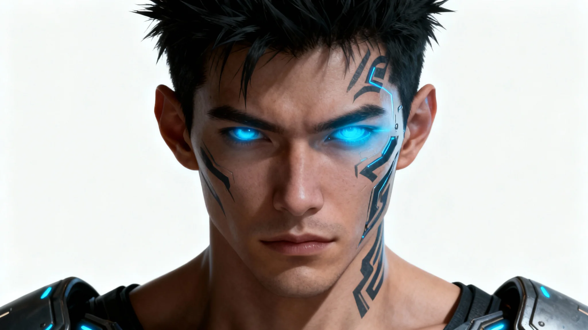 A detailed digital illustration of a futuristic male warrior's face, designed as a gamerpic, with glowing blue eyes and facial tattoos against a white background.