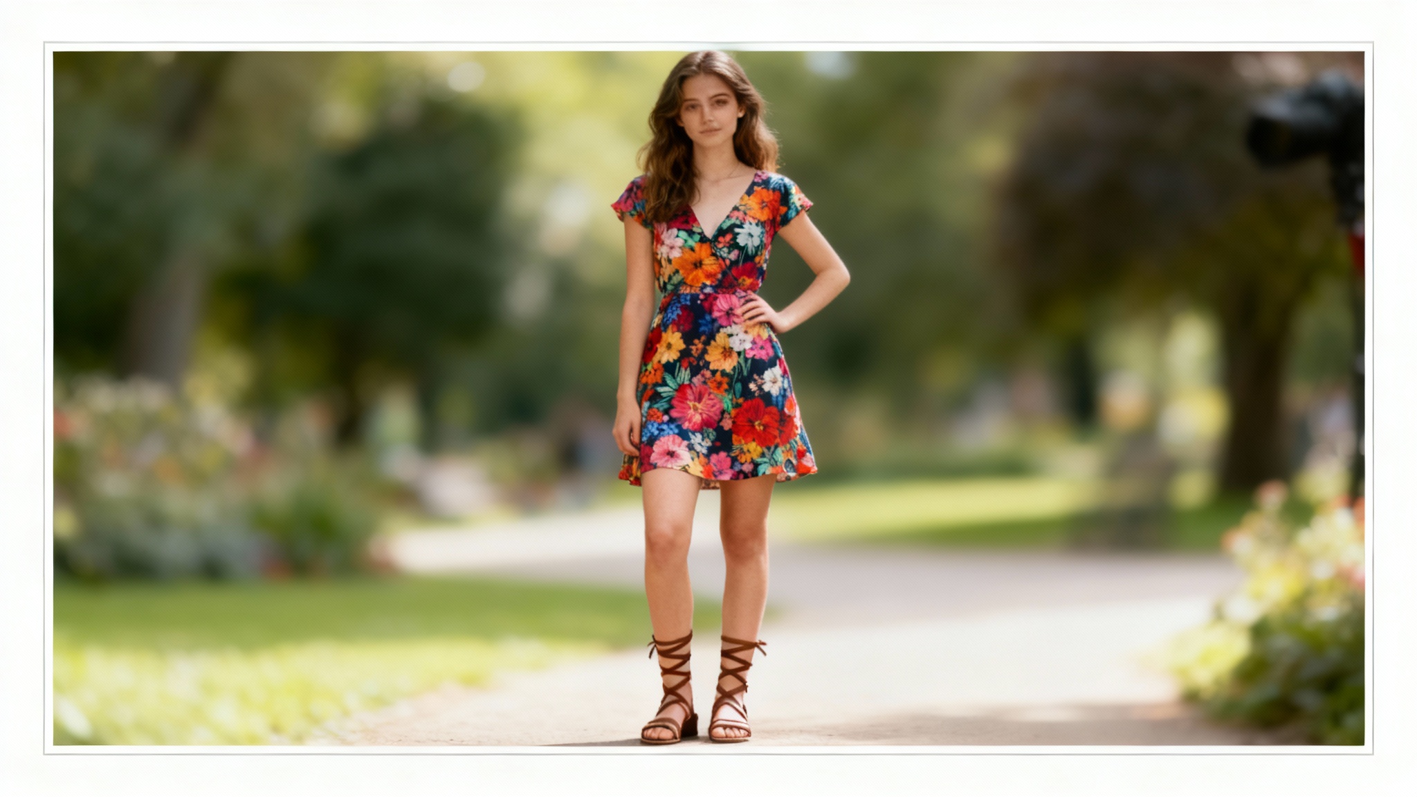 A full-body photograph of a woman in a colorful floral dress, standing against a blurred background. The photo is enclosed by a thin, elegant white border, demonstrating the final result of using an 'add border' tool.