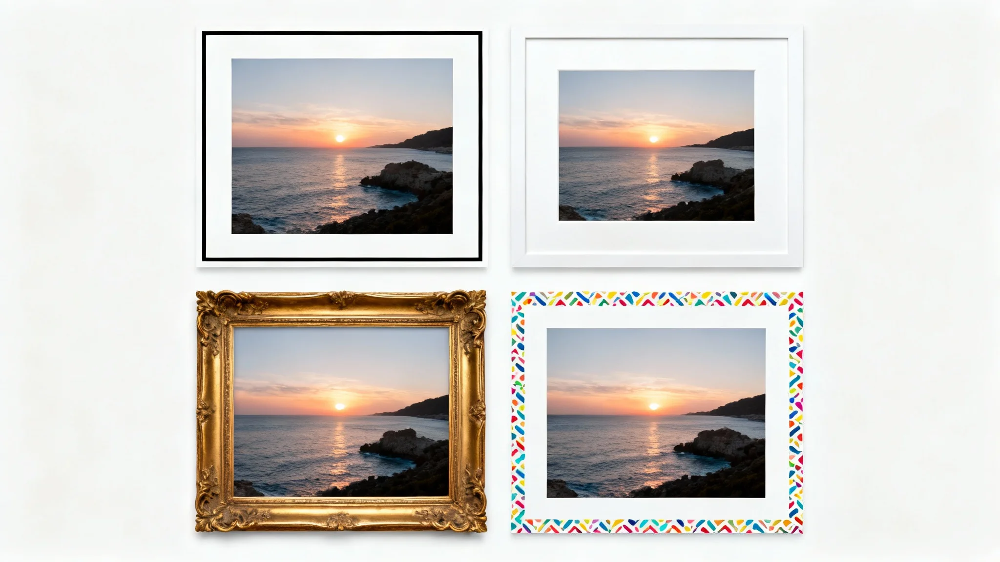 A 2x2 grid displaying four identical photos of a coastal sunset, each one showcasing a different border style: a thin black line, a wide white mat, an ornate gold frame, and a colorful pattern, demonstrating a border-adding feature.