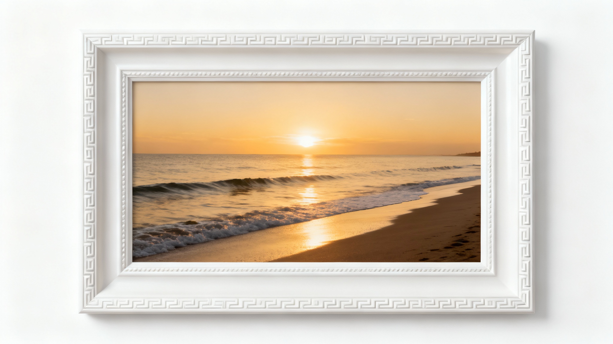 A beautiful coastal sunset photograph presented with a clean, wide, decorative white border on a white background, illustrating the 'add border' feature.