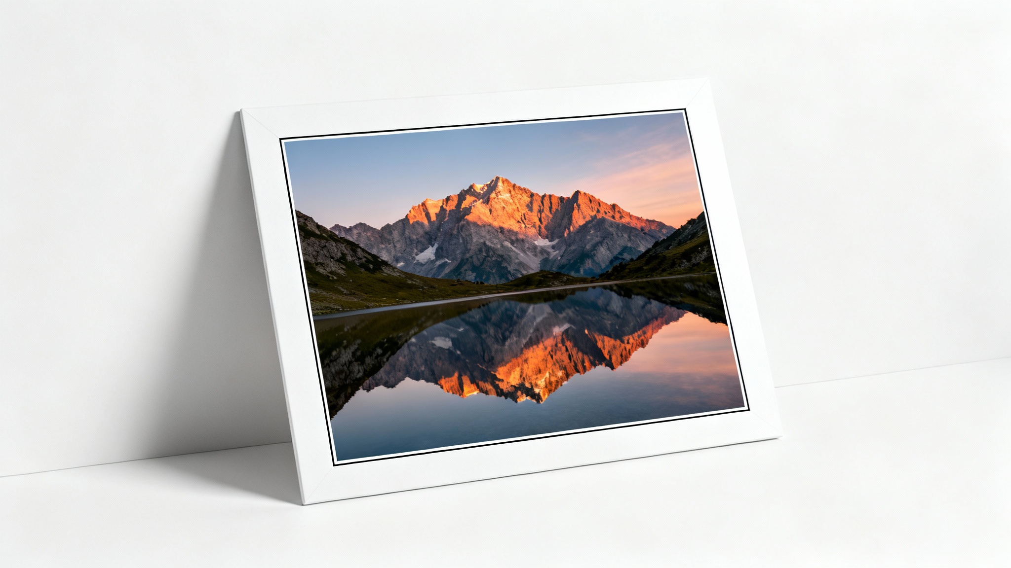 A landscape photograph of a mountain and lake at sunrise, framed with a prominent white border and a thin inner black line, set against a plain white background.