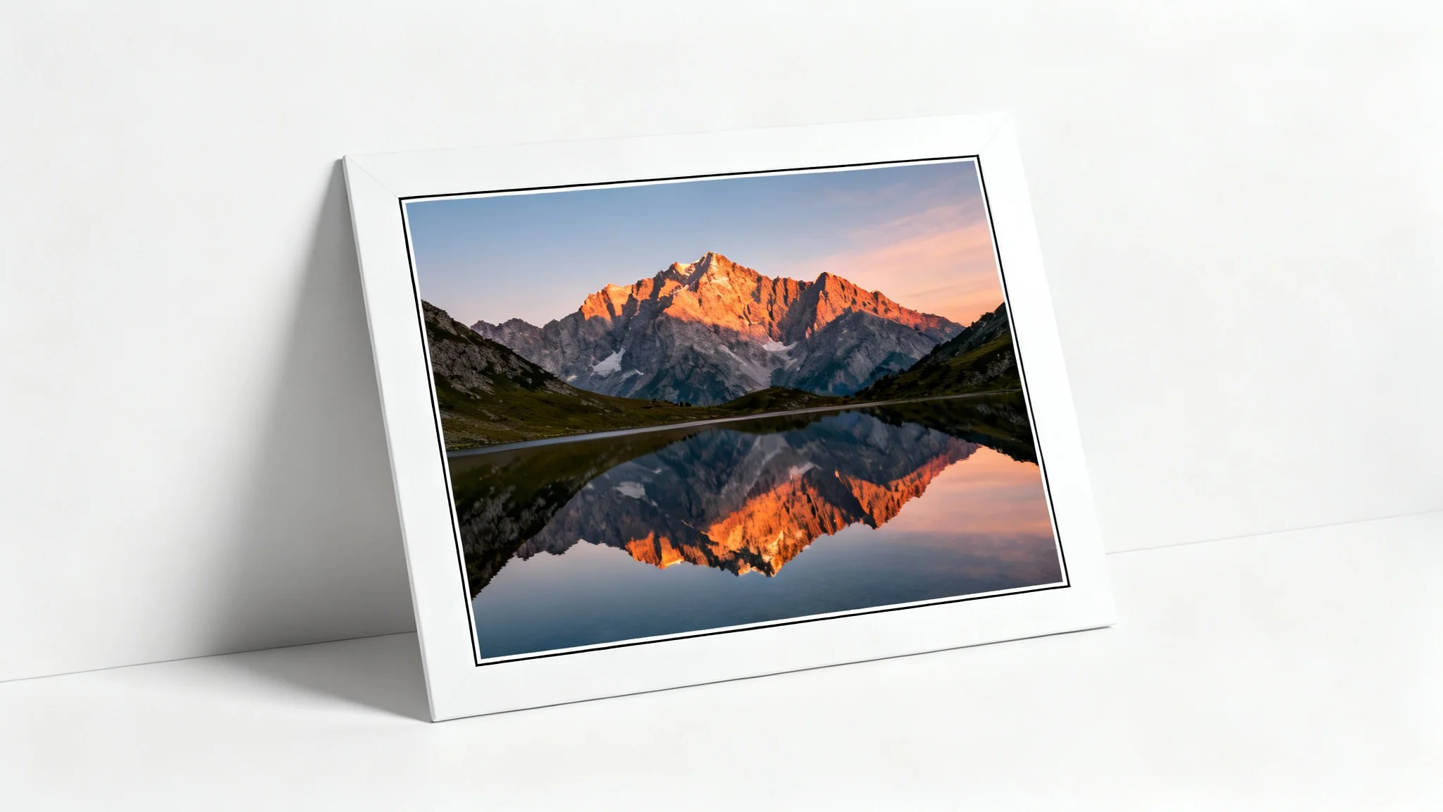 A landscape photograph of a mountain and lake at sunrise, framed with a prominent white border and a thin inner black line, set against a plain white background.