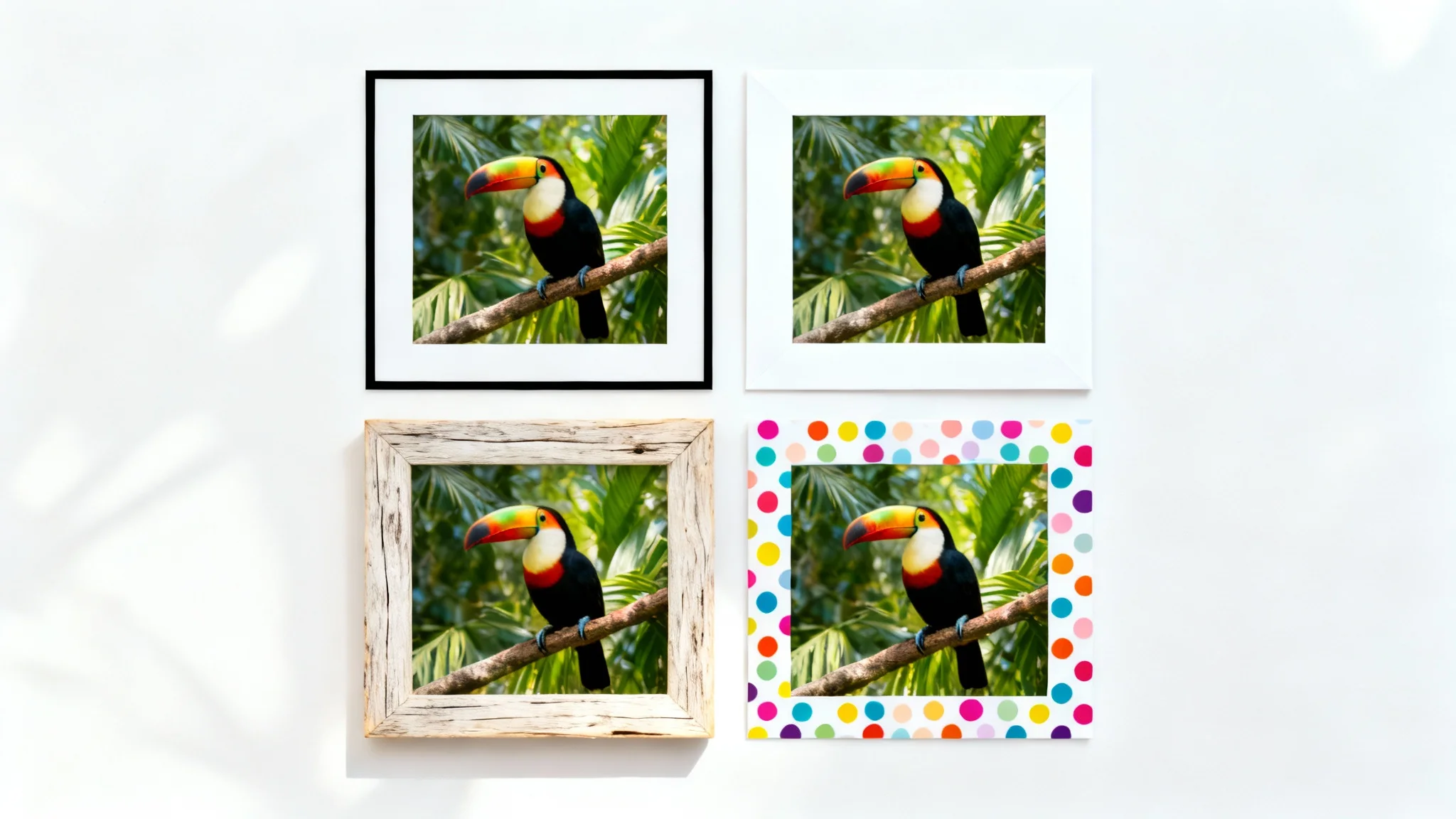 A flat lay of four identical photos of a toucan on a branch, each with a different border style: a thin black line, a wide white matte, a light wood frame, and a colorful polka dot pattern, all on a clean white background.
