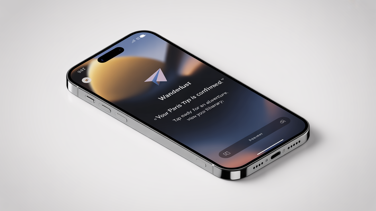 A hero image showing a mockup of an iOS notification on an iPhone. The notification is from a travel app called 'Wanderlust' and confirms a trip to Paris, demonstrating a polished notification design.