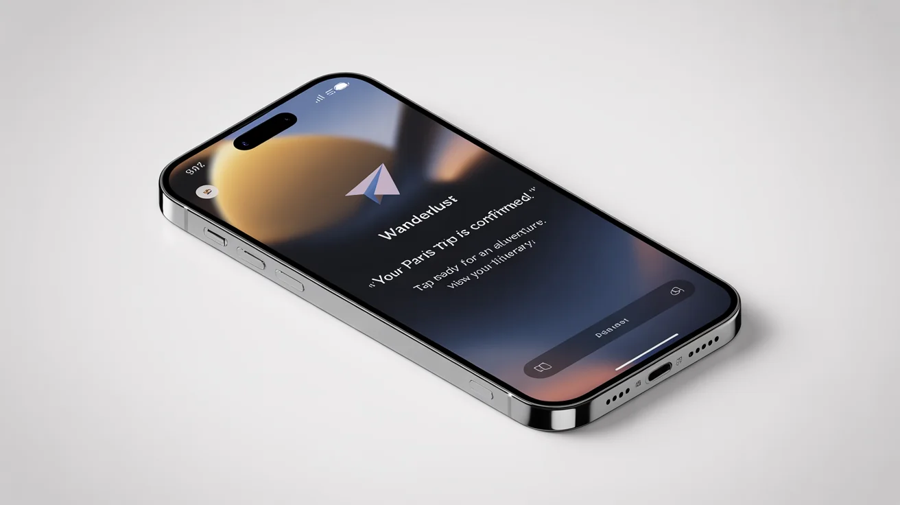 A hero image showing a mockup of an iOS notification on an iPhone. The notification is from a travel app called 'Wanderlust' and confirms a trip to Paris, demonstrating a polished notification design.