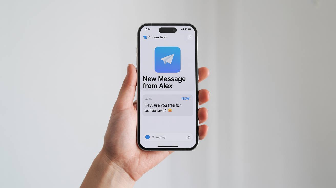A realistic mockup of a smartphone's lock screen showing a new notification. The notification is from 'ConnectApp' and reads: 'New Message from Alex. Hey! Are you free for coffee later? ☕️'.
