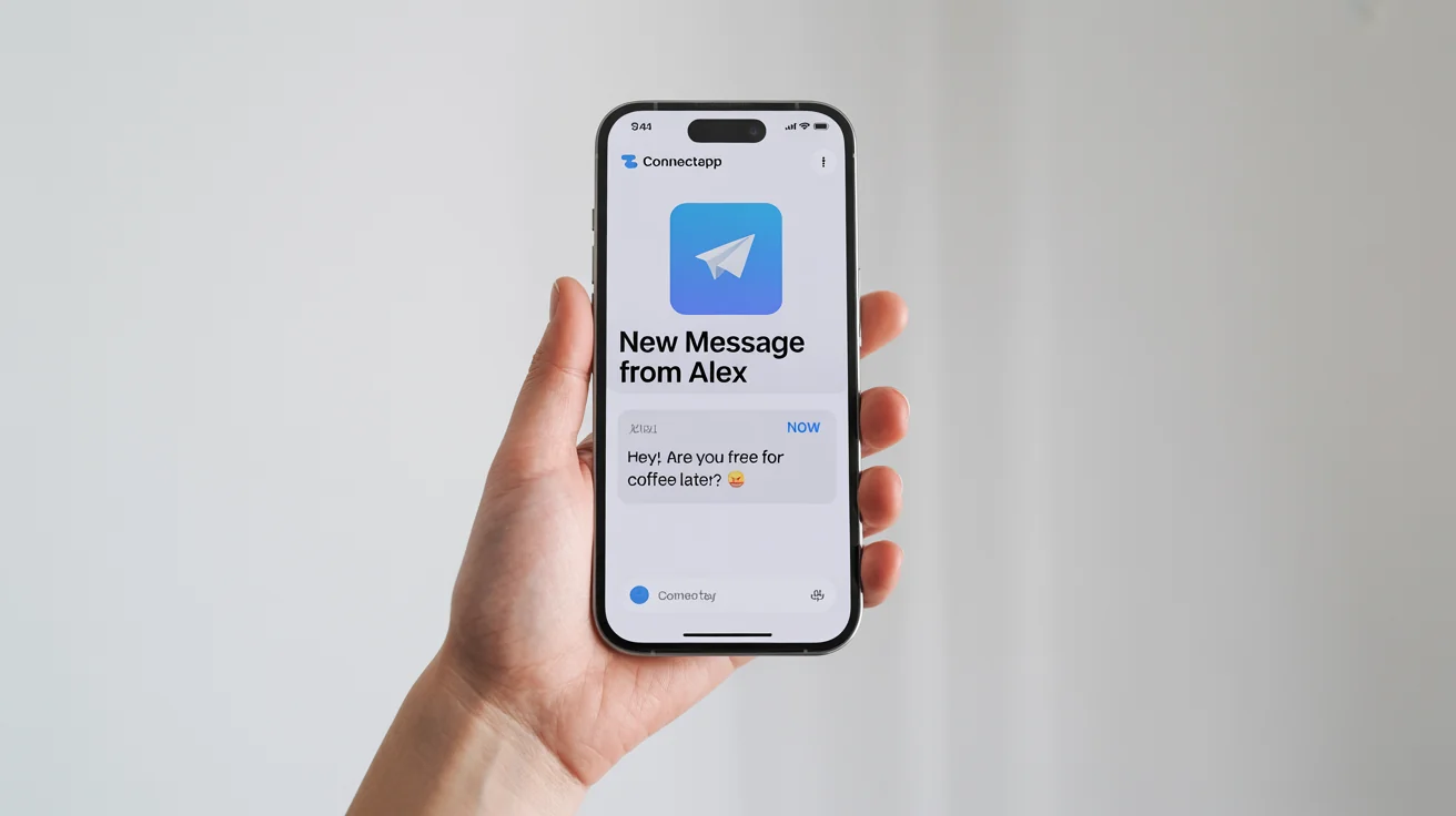 A realistic mockup of a smartphone's lock screen showing a new notification. The notification is from 'ConnectApp' and reads: 'New Message from Alex. Hey! Are you free for coffee later? ☕️'.