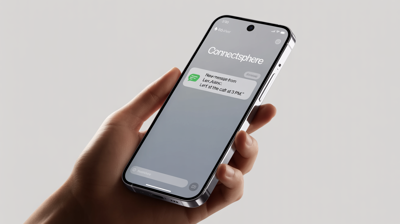 A photorealistic mockup of a smartphone held in a hand, displaying an iOS notification from a messaging app on its screen against a white background.