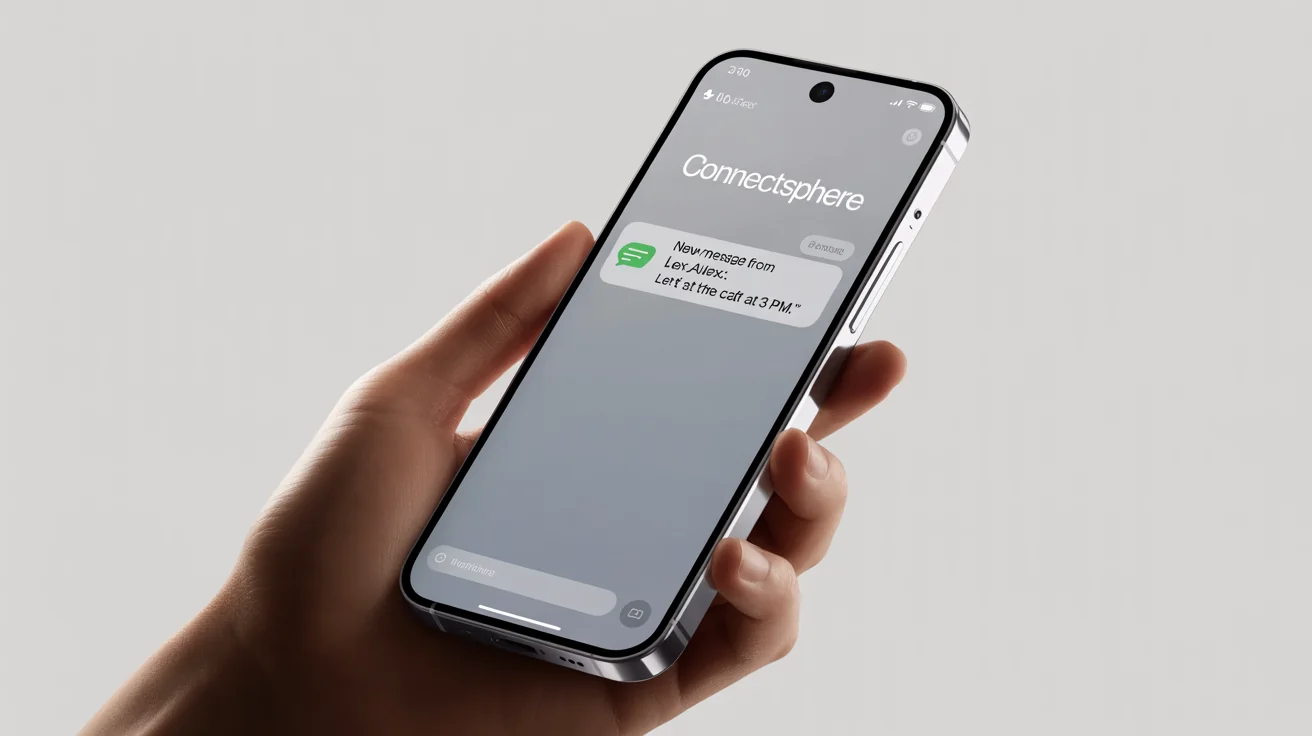 A photorealistic mockup of a smartphone held in a hand, displaying an iOS notification from a messaging app on its screen against a white background.