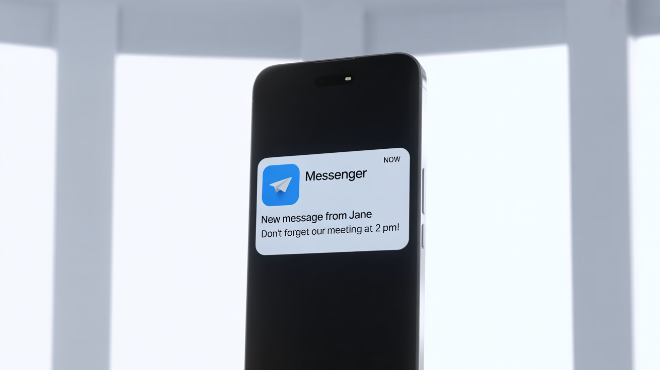A photorealistic mockup of a smartphone displaying a new message notification on its screen, set against a plain white background.