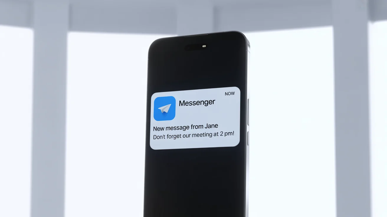 A photorealistic mockup of a smartphone displaying a new message notification on its screen, set against a plain white background.