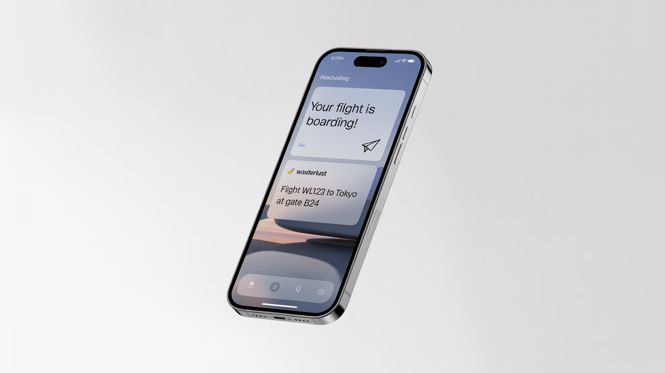 A mockup of an iPhone showing a travel app notification on the screen, set against a clean white background.