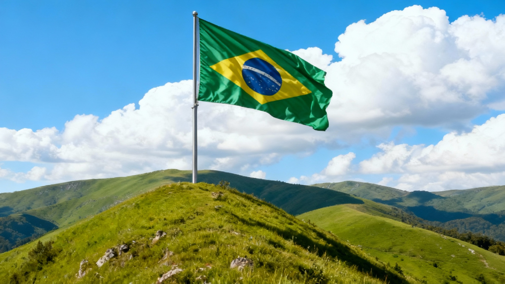 A professionally edited photo of a serene landscape with rolling green hills, showing the final result of a tool that has seamlessly added a large, fluttering Brazilian flag to the scene.