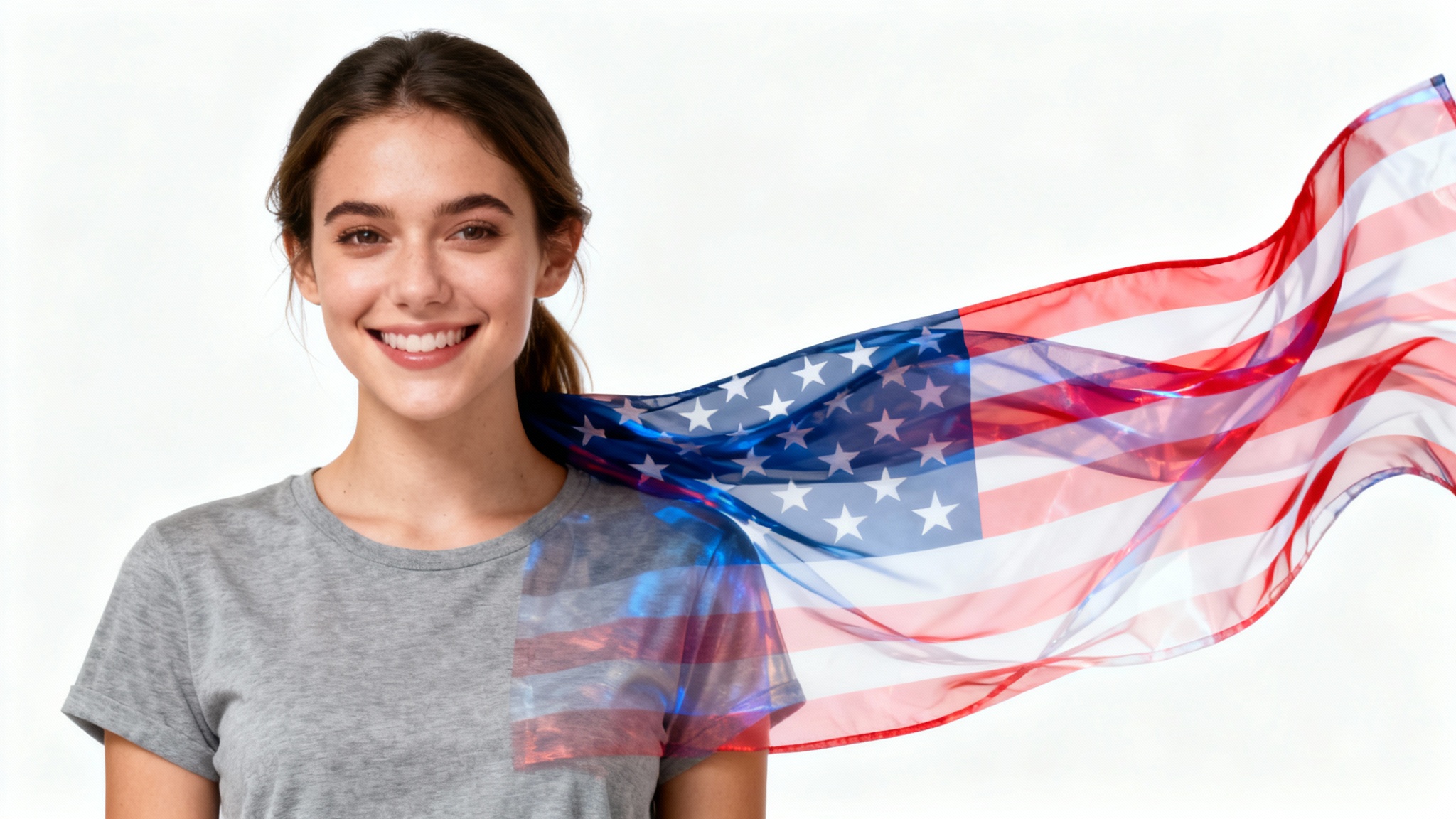 A professional headshot of a smiling young woman with a semi-transparent American flag digitally added over her shoulder, on a clean white background, demonstrating an add-flag feature.
