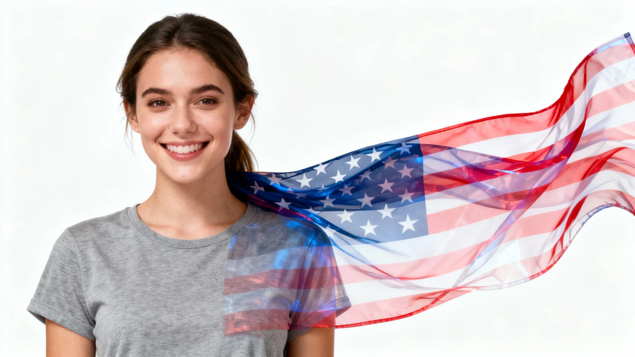 A professional headshot of a smiling young woman with a semi-transparent American flag digitally added over her shoulder, on a clean white background, demonstrating an add-flag feature.