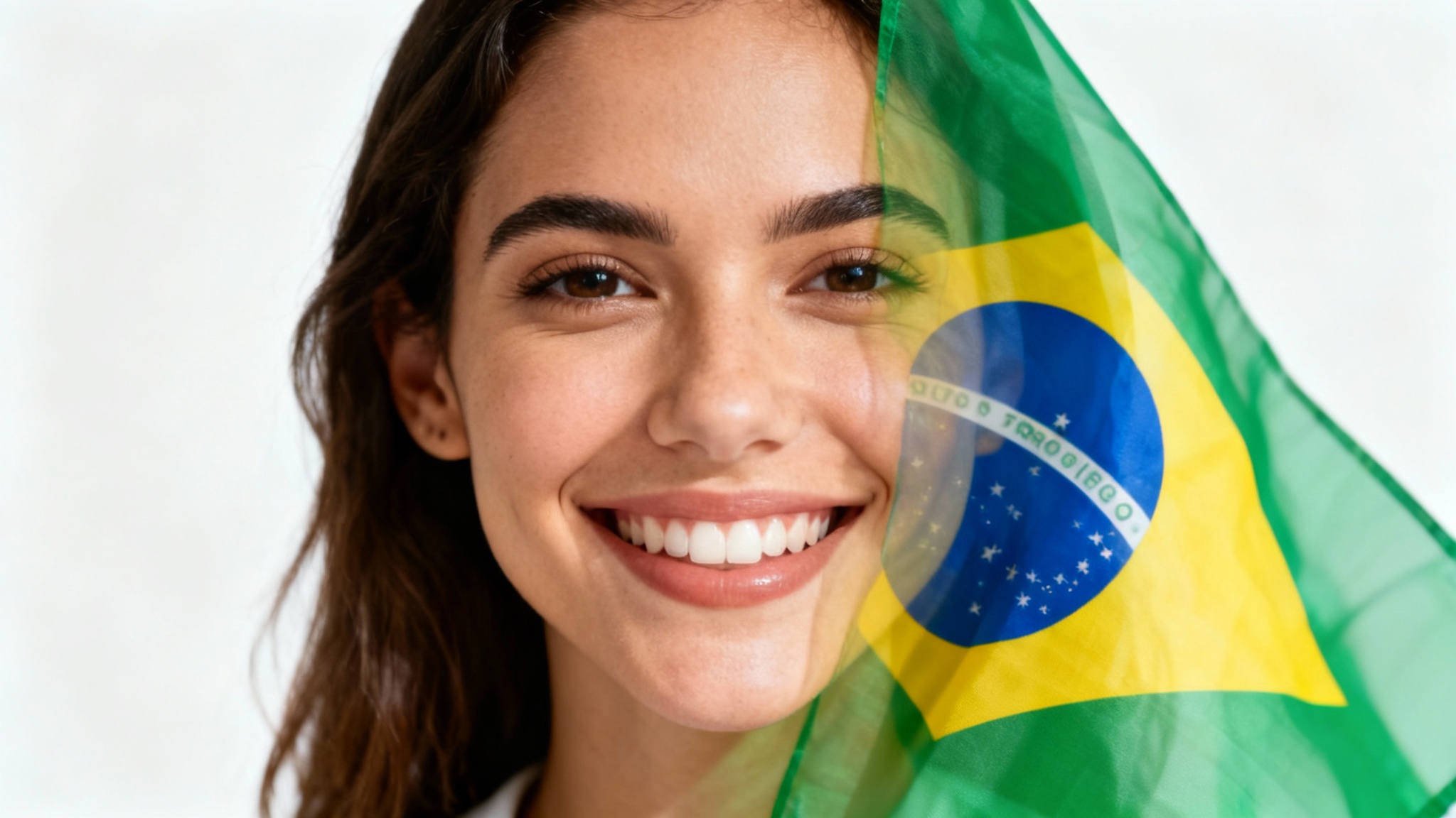 A mockup image showing a woman's portrait with a translucent Brazilian flag filter applied over it, against a plain white background.