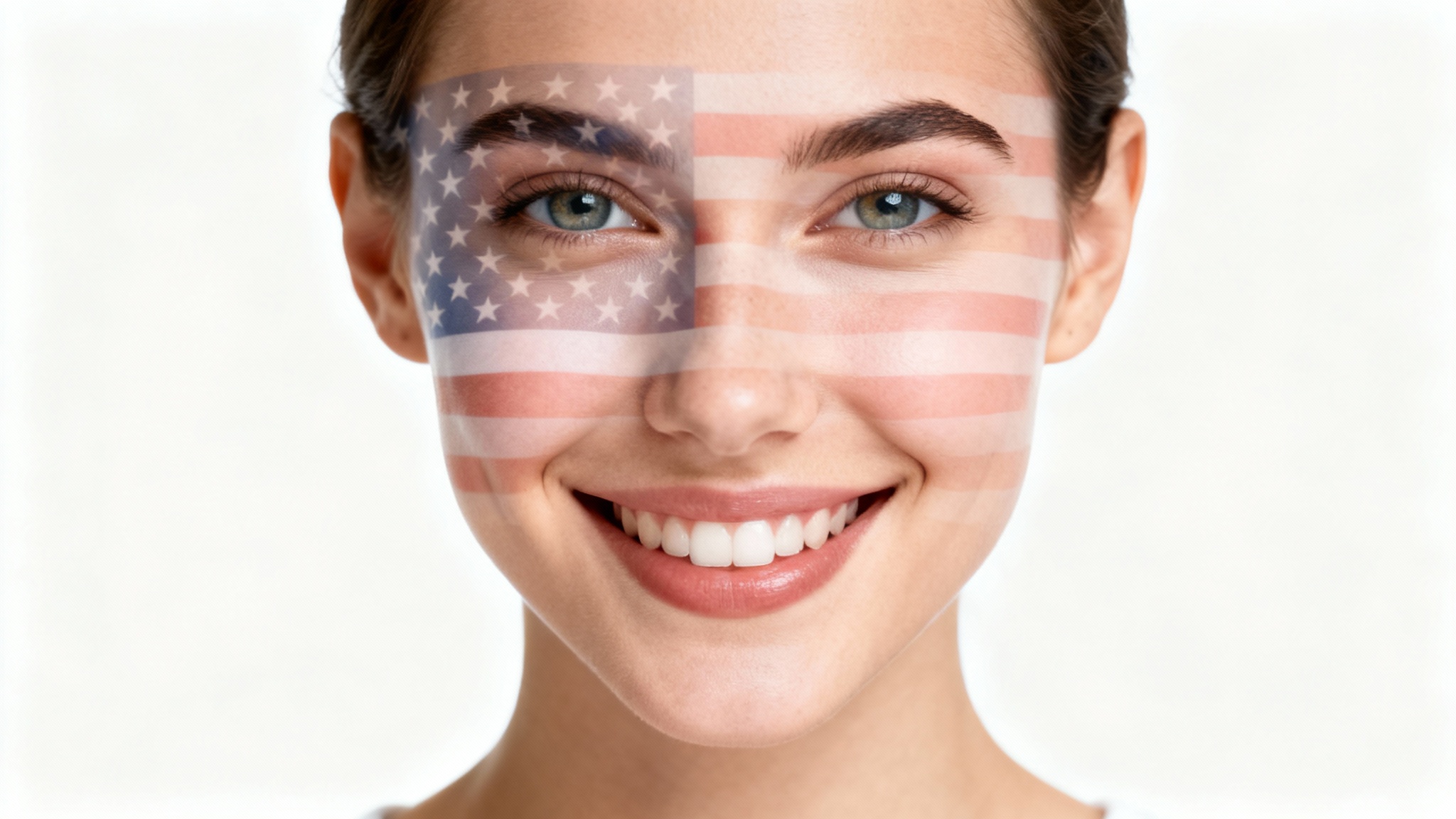 A photorealistic portrait of a smiling woman with a semi-transparent American flag filter overlaid on her face, set against a clean white background.
