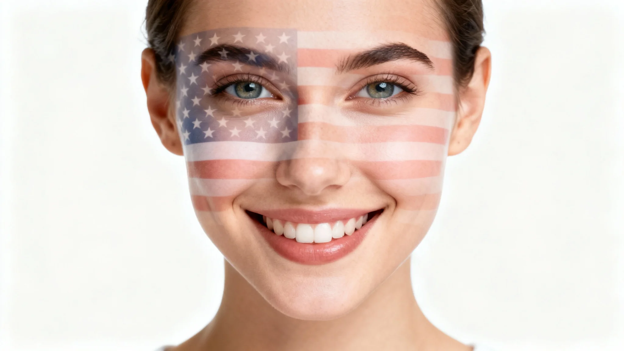 A photorealistic portrait of a smiling woman with a semi-transparent American flag filter overlaid on her face, set against a clean white background.