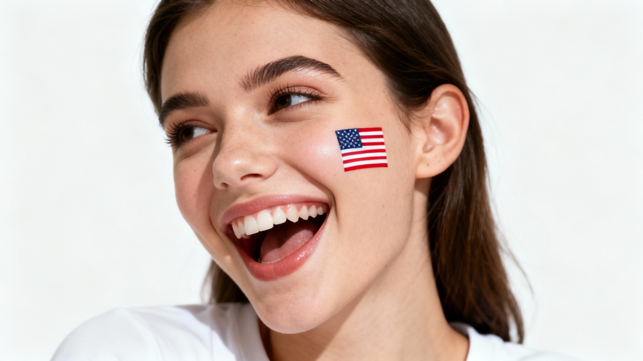 A close-up photo of a happy woman with the American flag painted on her cheek, cheering against a clean white background, illustrating national pride.