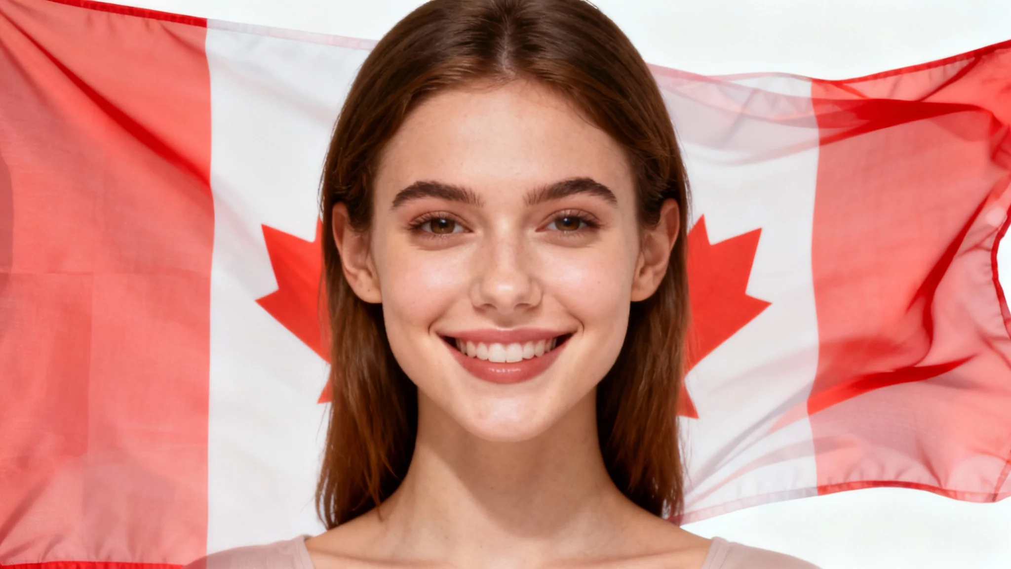 A professional headshot of a smiling woman with a semi-transparent Canadian flag overlaid on the photo, set against a clean white background.
