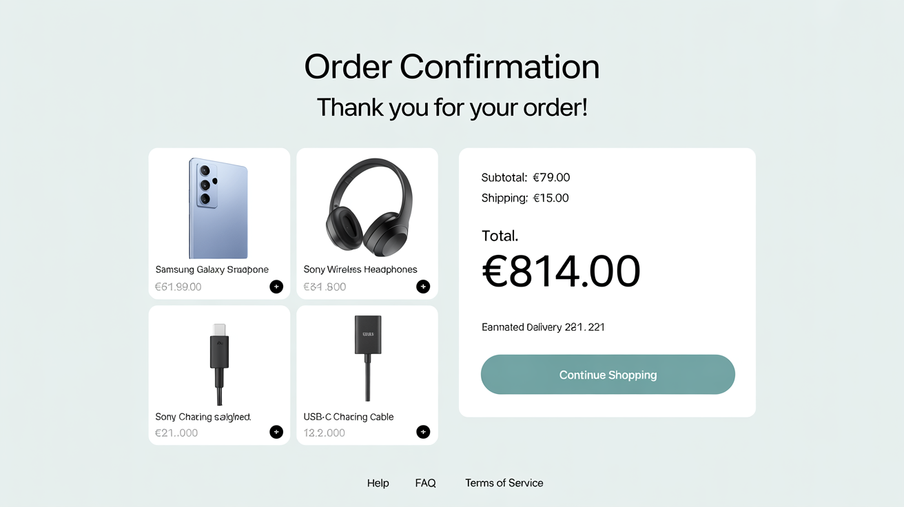 A mockup of a clean, modern order confirmation page for an electronics store, showing a list of purchased items including a smartphone and headphones, a total cost of €814.00, and a prominent 'Order Confirmation' header.