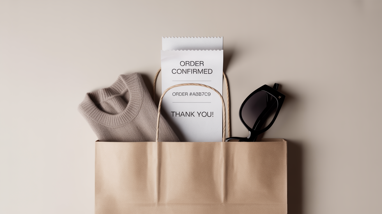 A minimalist flat lay of a beige shopping bag with a receipt reading 'Order Confirmed', symbolizing a successful online purchase.