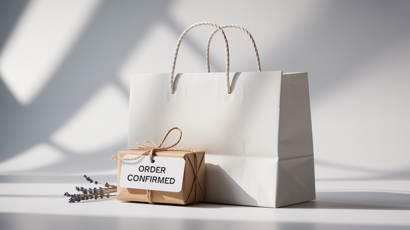 A minimalist studio photograph showing a white paper shopping bag and a small, wrapped gift box on a white background, with a tag that reads 'Order Confirmed'.