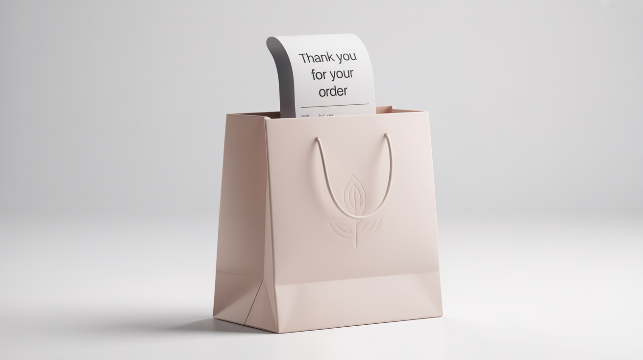 A minimalist mockup representing an order confirmation, showing a premium white shopping bag on a white background with a receipt that says 'Thank You For Your Order' peeking out.