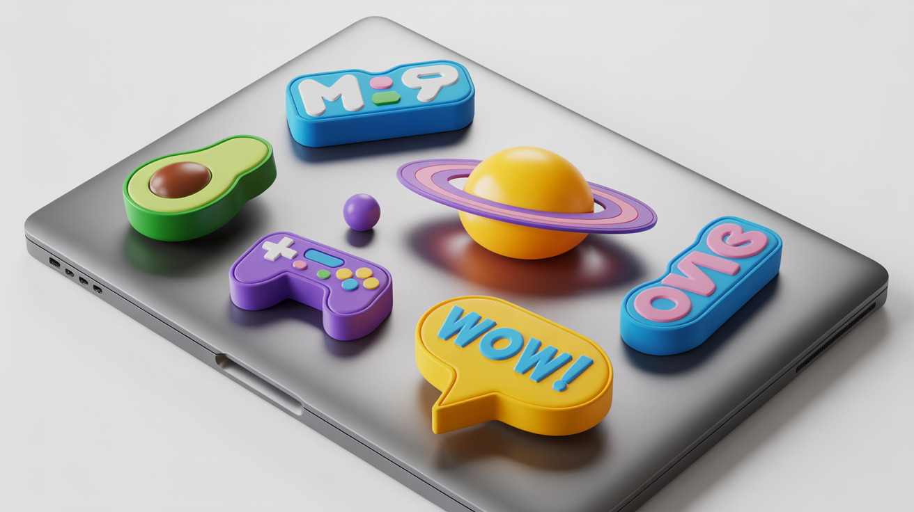 A collection of colorful, glossy 3D stickers applied to the back of a modern laptop, showcasing their raised, puffy texture.