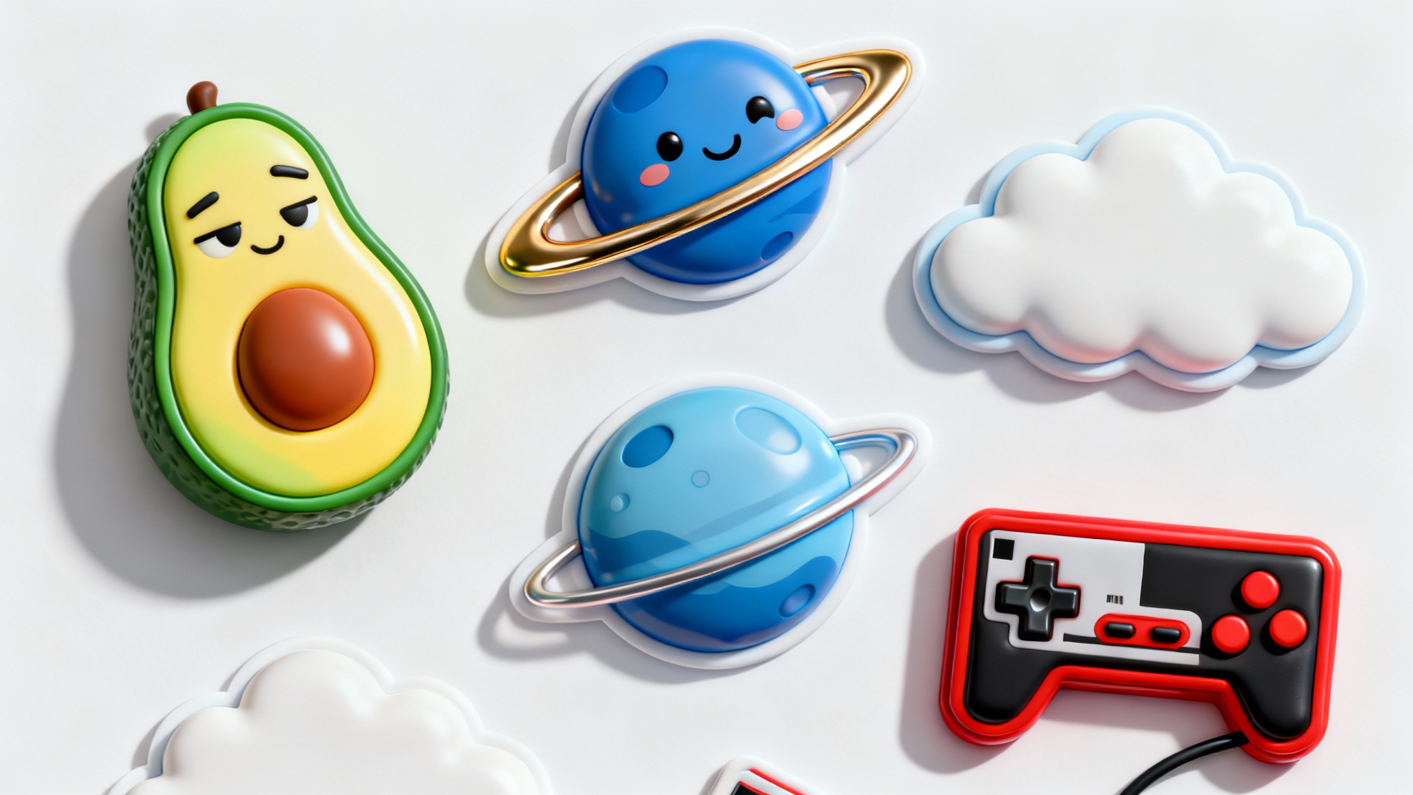 A collection of colorful, puffy 3D stickers, including a cartoon avocado and a planet Saturn, displayed on a clean white background to highlight their glossy, three-dimensional effect.