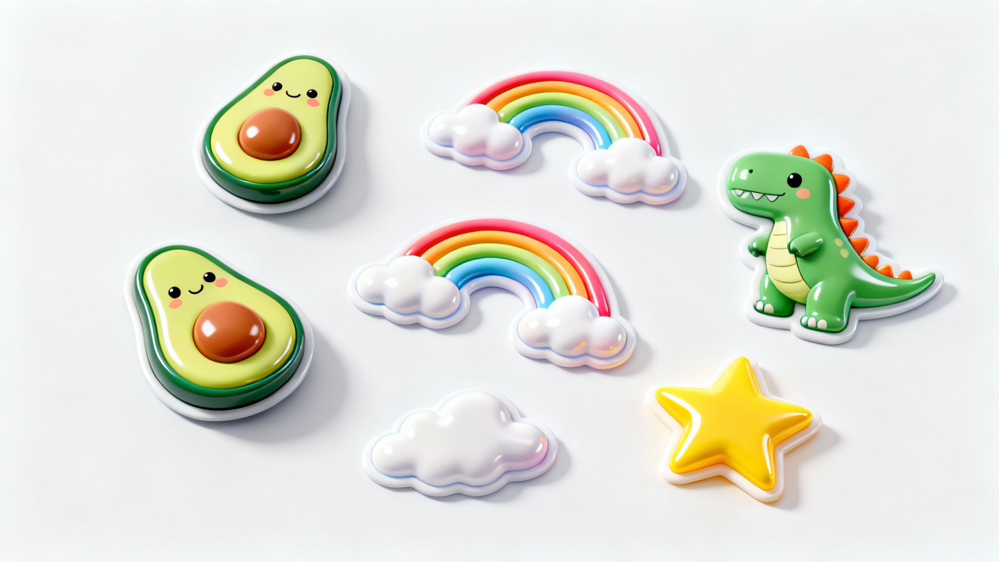 A collection of colorful and cute 3D puffy stickers, including an avocado, a rainbow, and a dinosaur, arranged on a white background to showcase their three-dimensional quality.